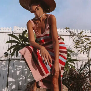H&M Summer Knit Sleeveless Cutout Backless Slit Striped Work Dress
